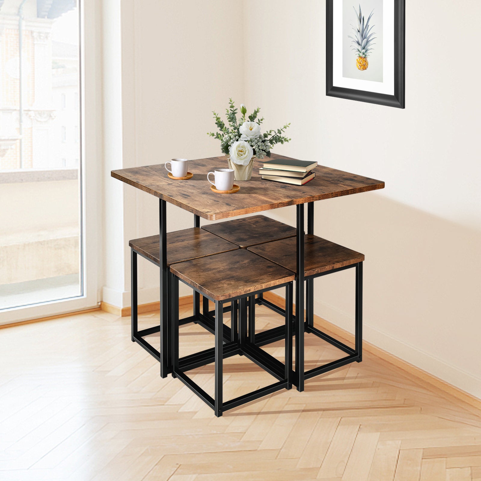 5 Pieces Metal Frame Dining Set with Compact Dining Table and 4 Stools , Walnut Dining Room Sets at Gallery Canada