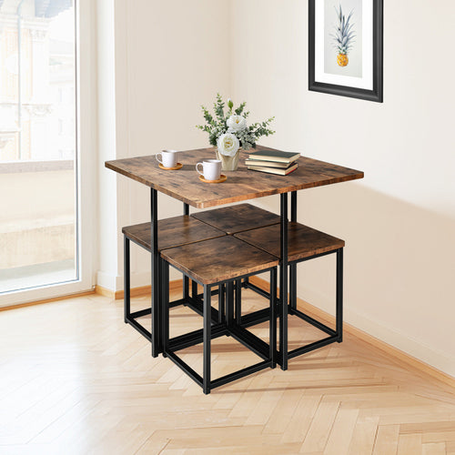 5 Pieces Metal Frame Dining Set with Compact Dining Table and 4 Stools , Walnut