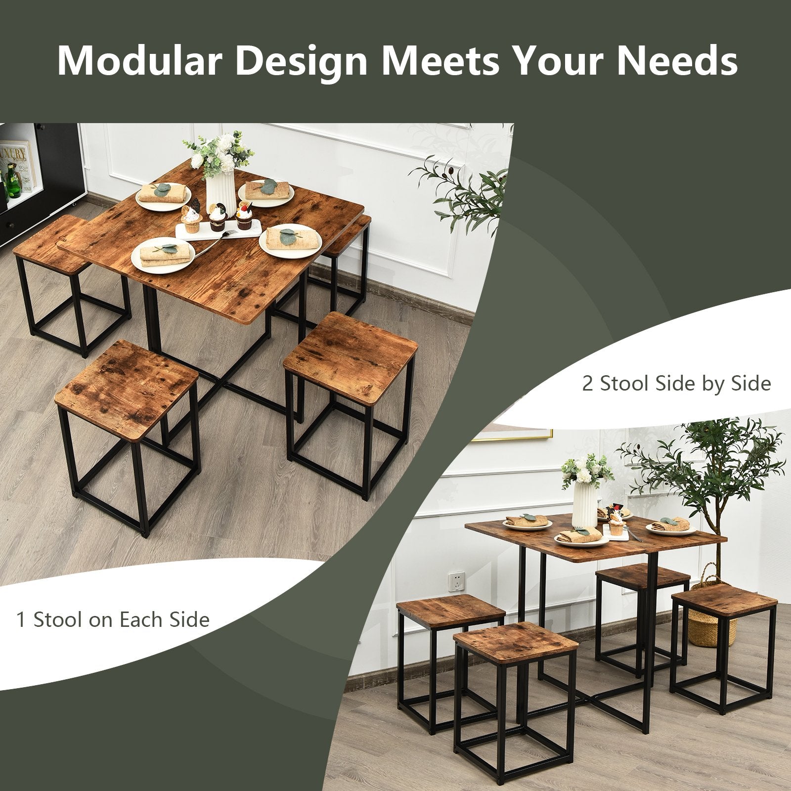 5 Pieces Metal Frame Dining Set with Compact Dining Table and 4 Stools , Walnut Dining Room Sets   at Gallery Canada