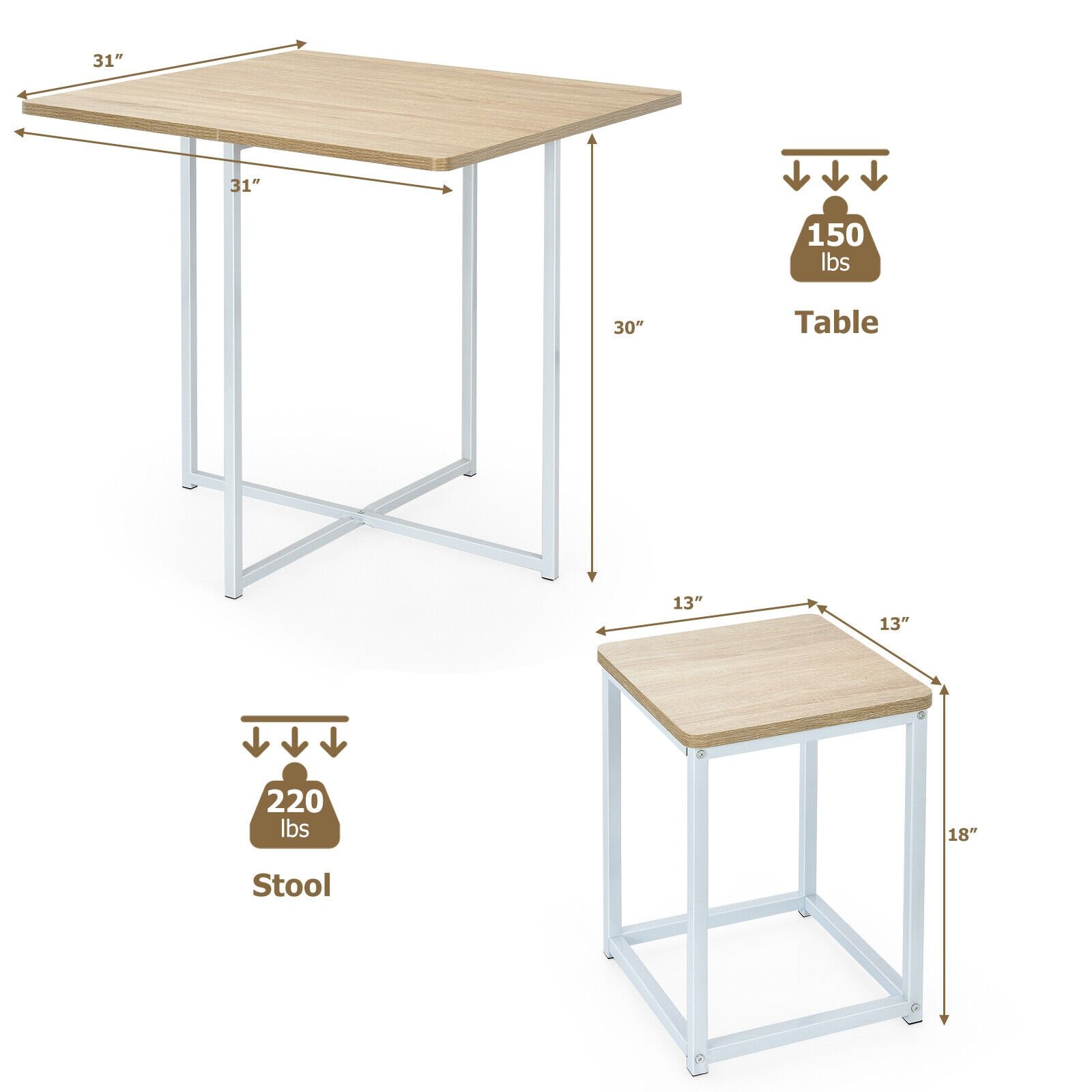 5 Pieces Metal Frame Dining Set with Compact Dining Table and 4 Stools, Natural Dining Room Sets   at Gallery Canada