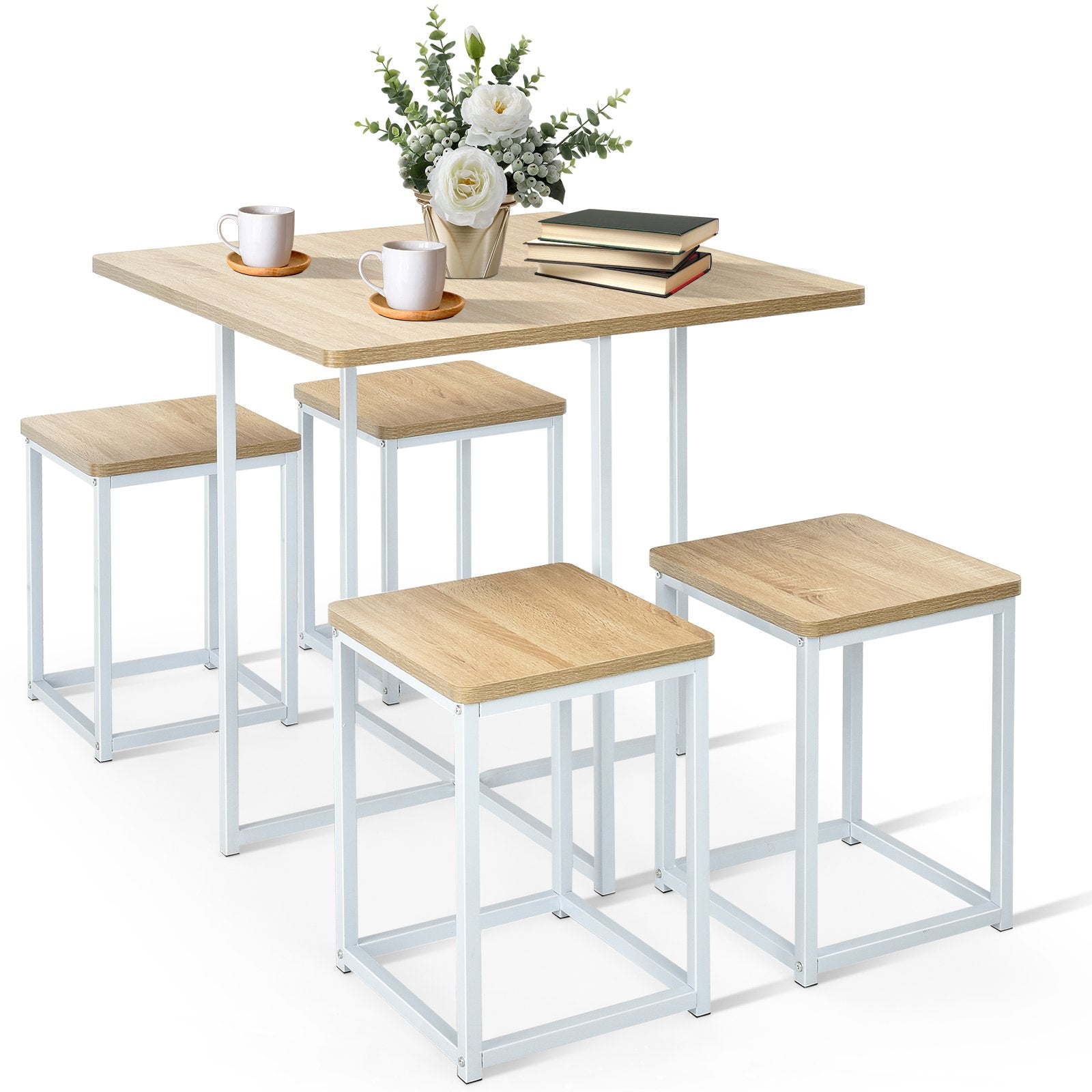 5 Pieces Metal Frame Dining Set with Compact Dining Table and 4 Stools, Natural Dining Room Sets   at Gallery Canada