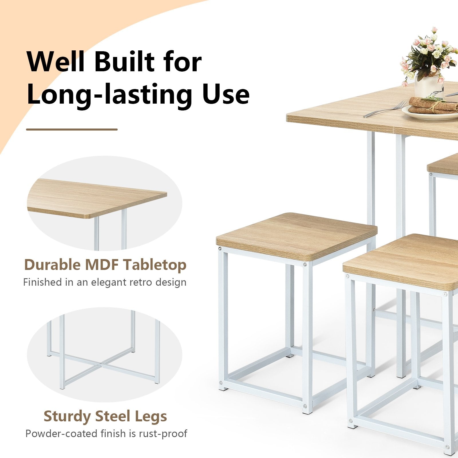 5 Pieces Metal Frame Dining Set with Compact Dining Table and 4 Stools, Natural Dining Room Sets   at Gallery Canada