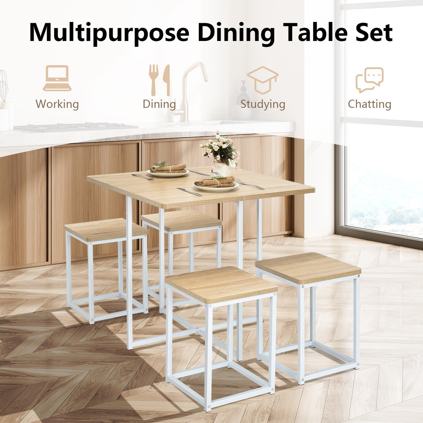 5 Pieces Metal Frame Dining Set with Compact Dining Table and 4 Stools, Natural Dining Room Sets   at Gallery Canada