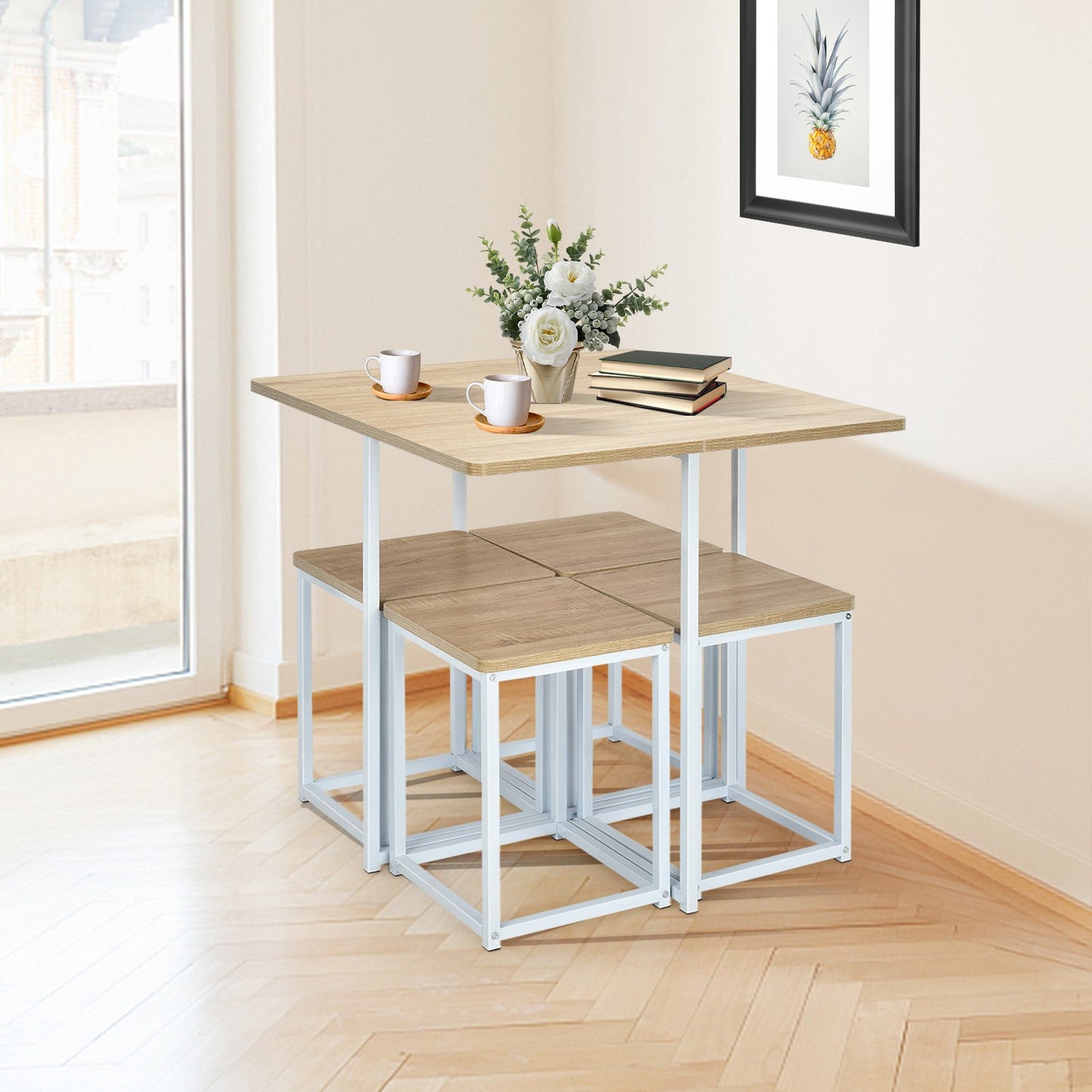 5 Pieces Metal Frame Dining Set with Compact Dining Table and 4 Stools, Natural Dining Room Sets   at Gallery Canada