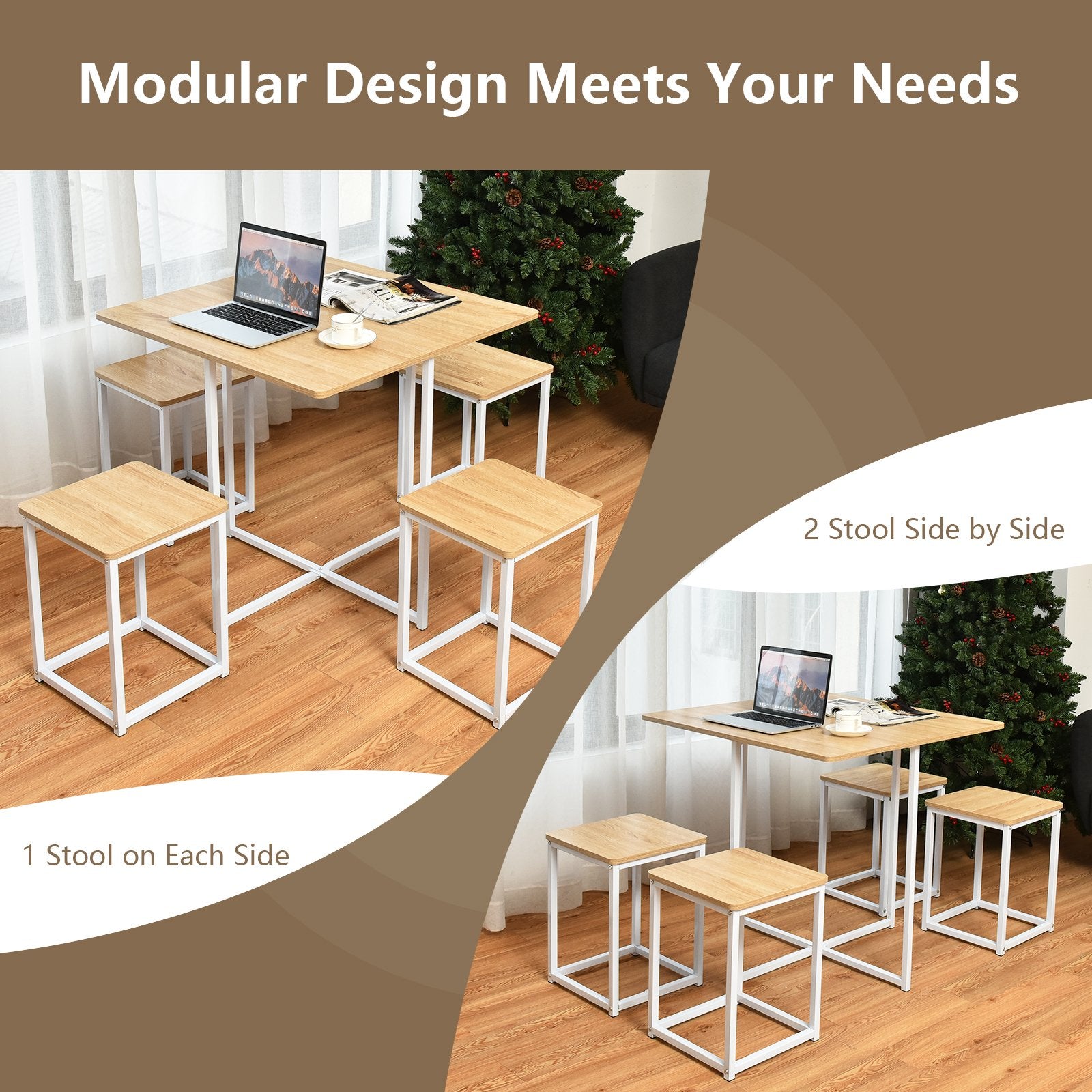 5 Pieces Metal Frame Dining Set with Compact Dining Table and 4 Stools, Natural Dining Room Sets   at Gallery Canada