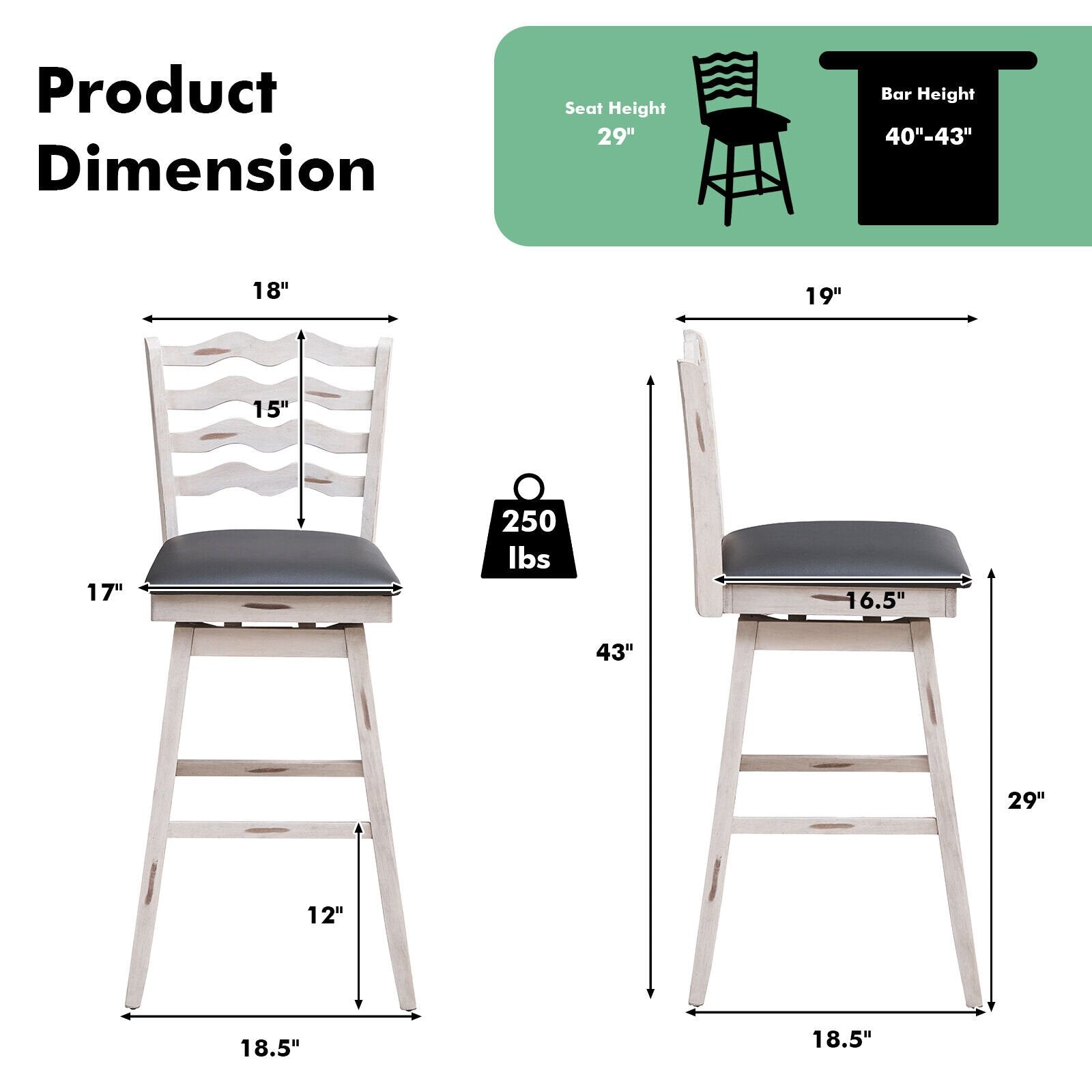 360° Swivel Bar Stools with Rubber Wood Frame and Ergonomic Backrest and Footrest-29 inches, Gray Bar Stools   at Gallery Canada