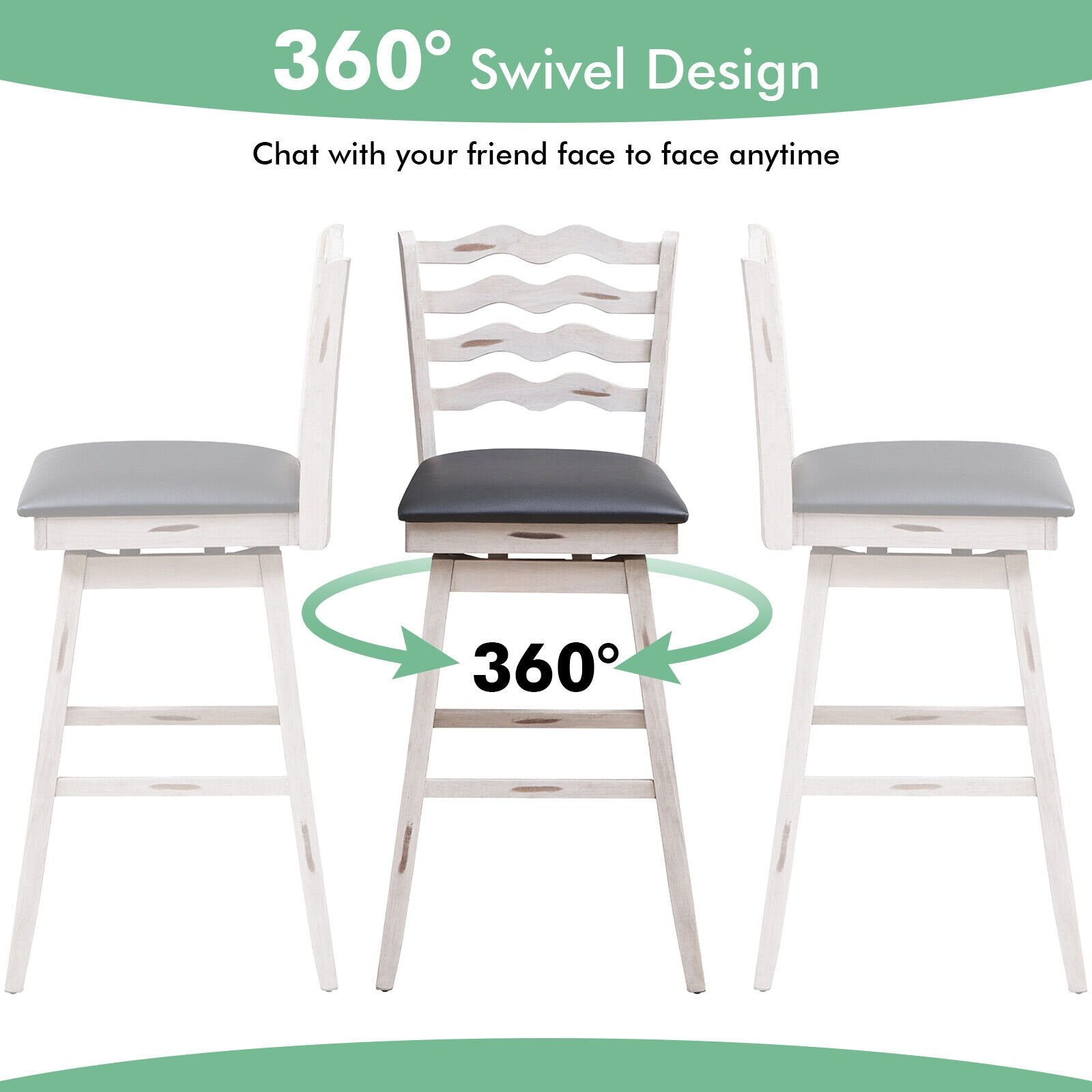 360° Swivel Bar Stools with Rubber Wood Frame and Ergonomic Backrest and Footrest-29 inches, Gray Bar Stools   at Gallery Canada