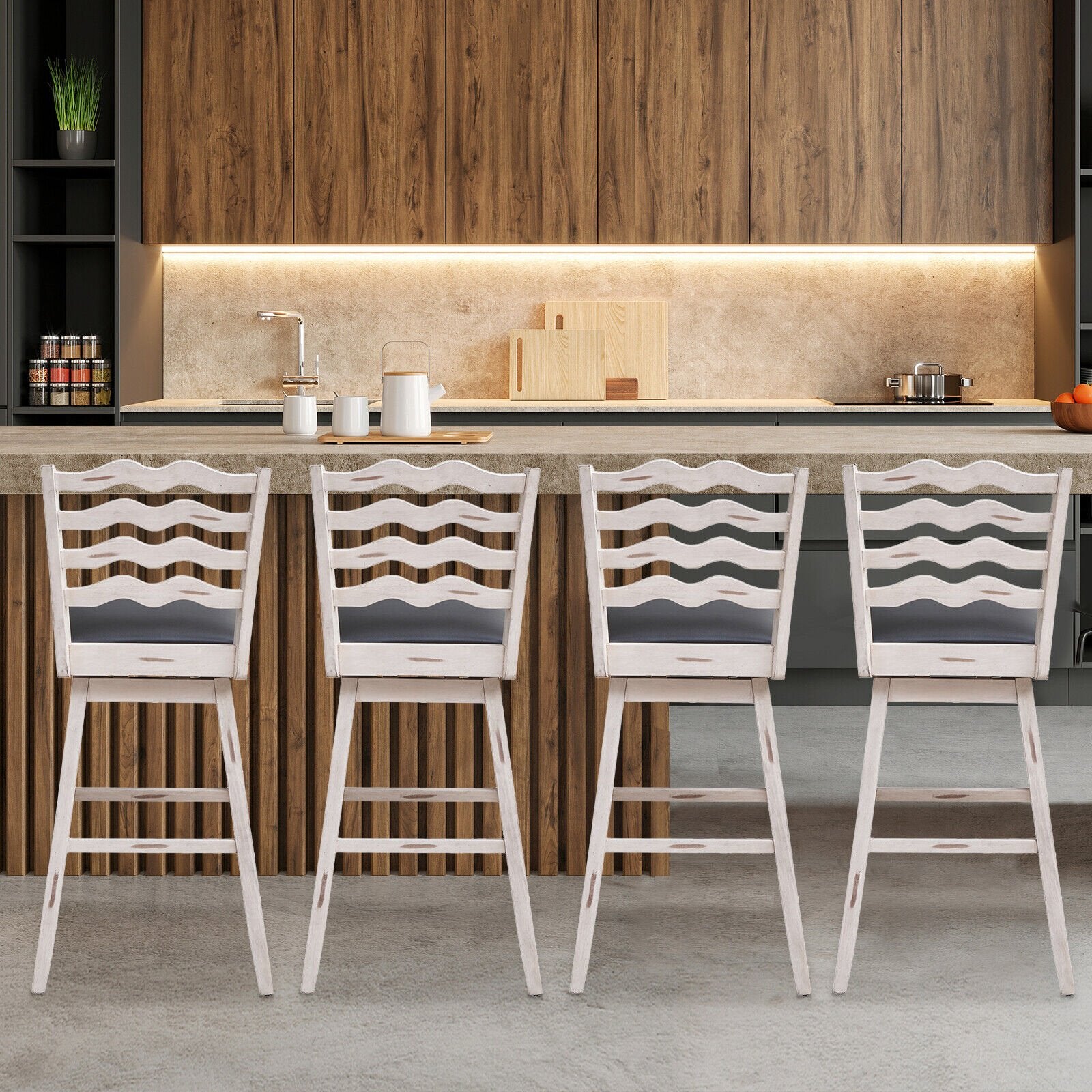 360° Swivel Bar Stools with Rubber Wood Frame and Ergonomic Backrest and Footrest-29 inches, Gray Bar Stools   at Gallery Canada