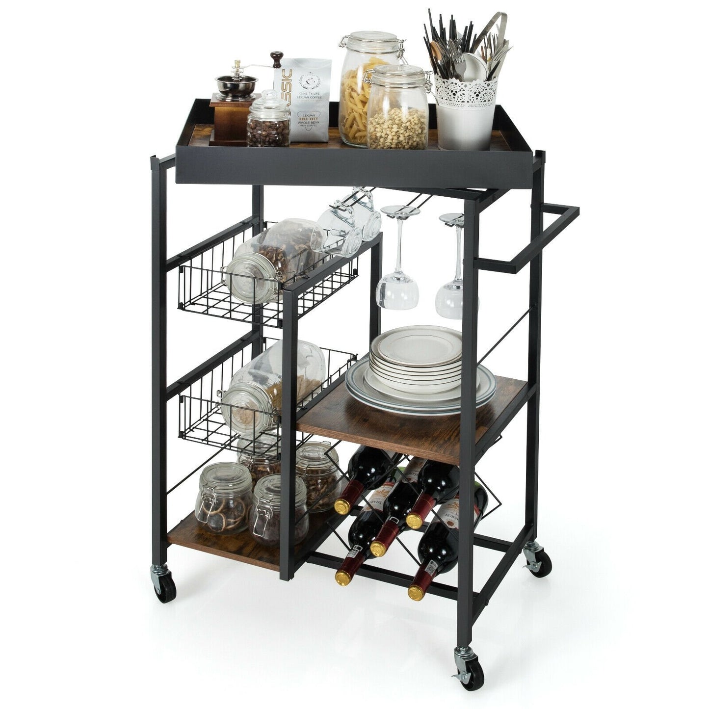 Kitchen Island Cart on Wheels with Removable Top and Wine Rack, Rustic Brown Baker's Racks   at Gallery Canada