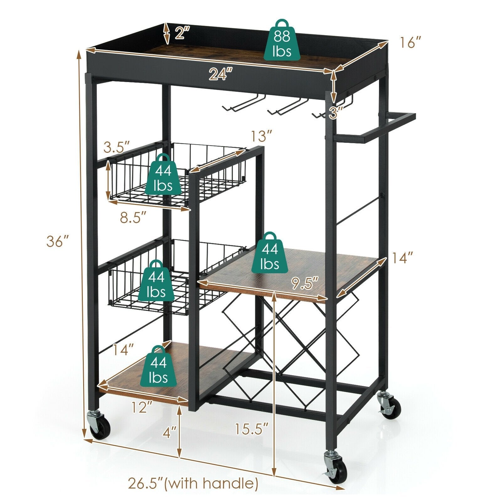 Kitchen Island Cart on Wheels with Removable Top and Wine Rack, Rustic Brown Baker's Racks   at Gallery Canada