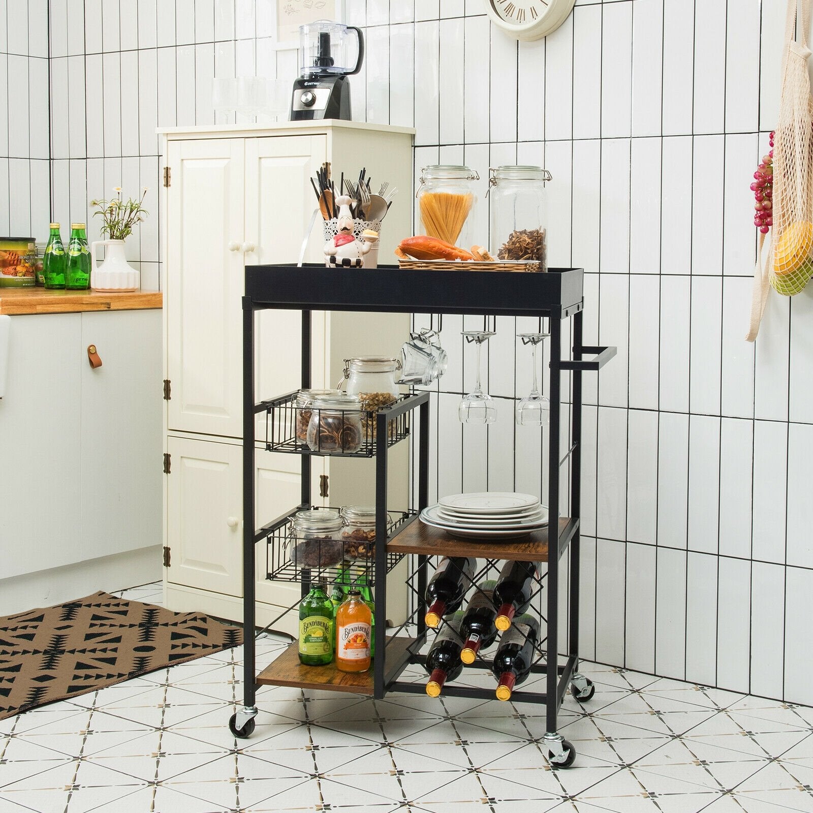 Kitchen Island Cart on Wheels with Removable Top and Wine Rack, Rustic Brown Baker's Racks   at Gallery Canada