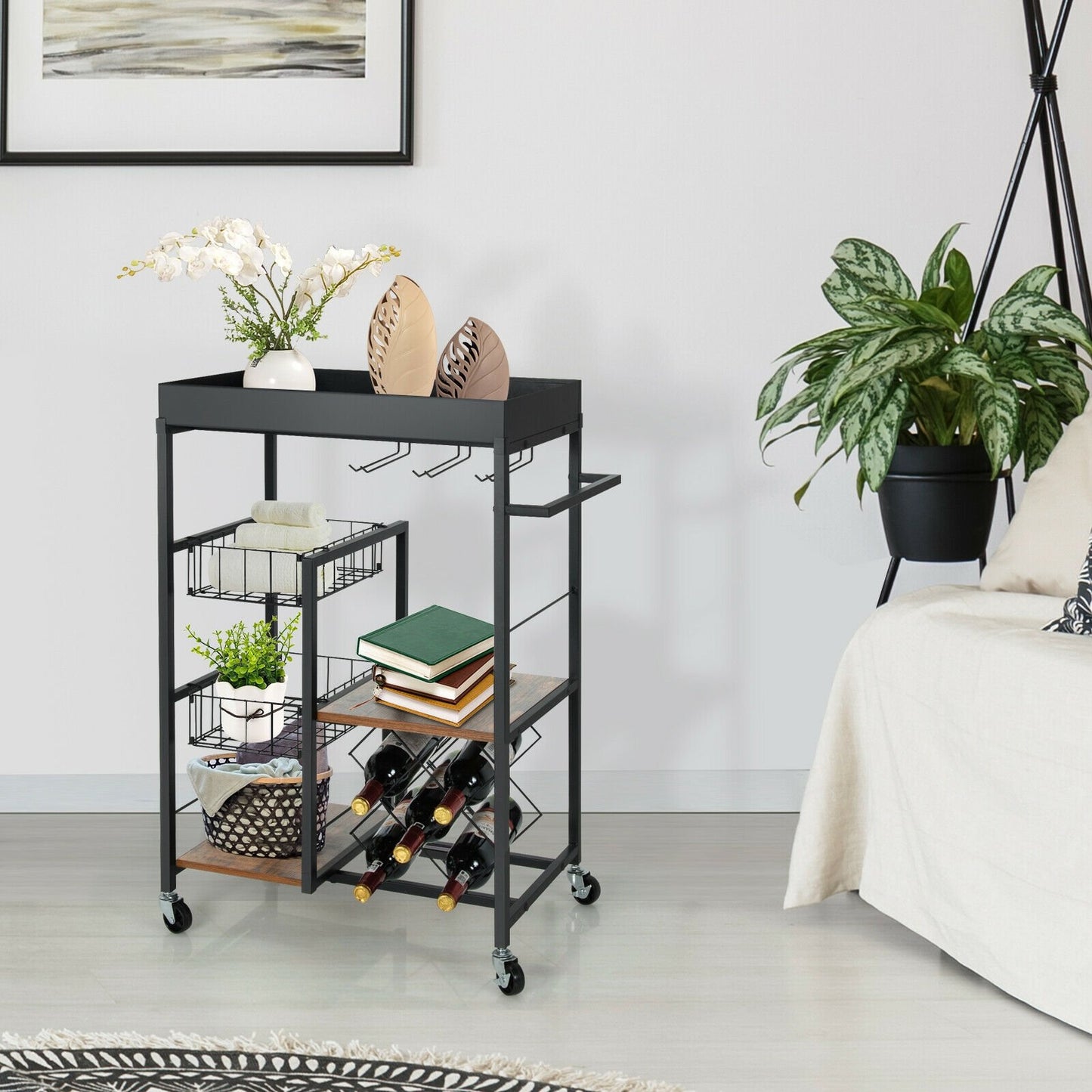 Kitchen Island Cart on Wheels with Removable Top and Wine Rack, Rustic Brown Baker's Racks   at Gallery Canada