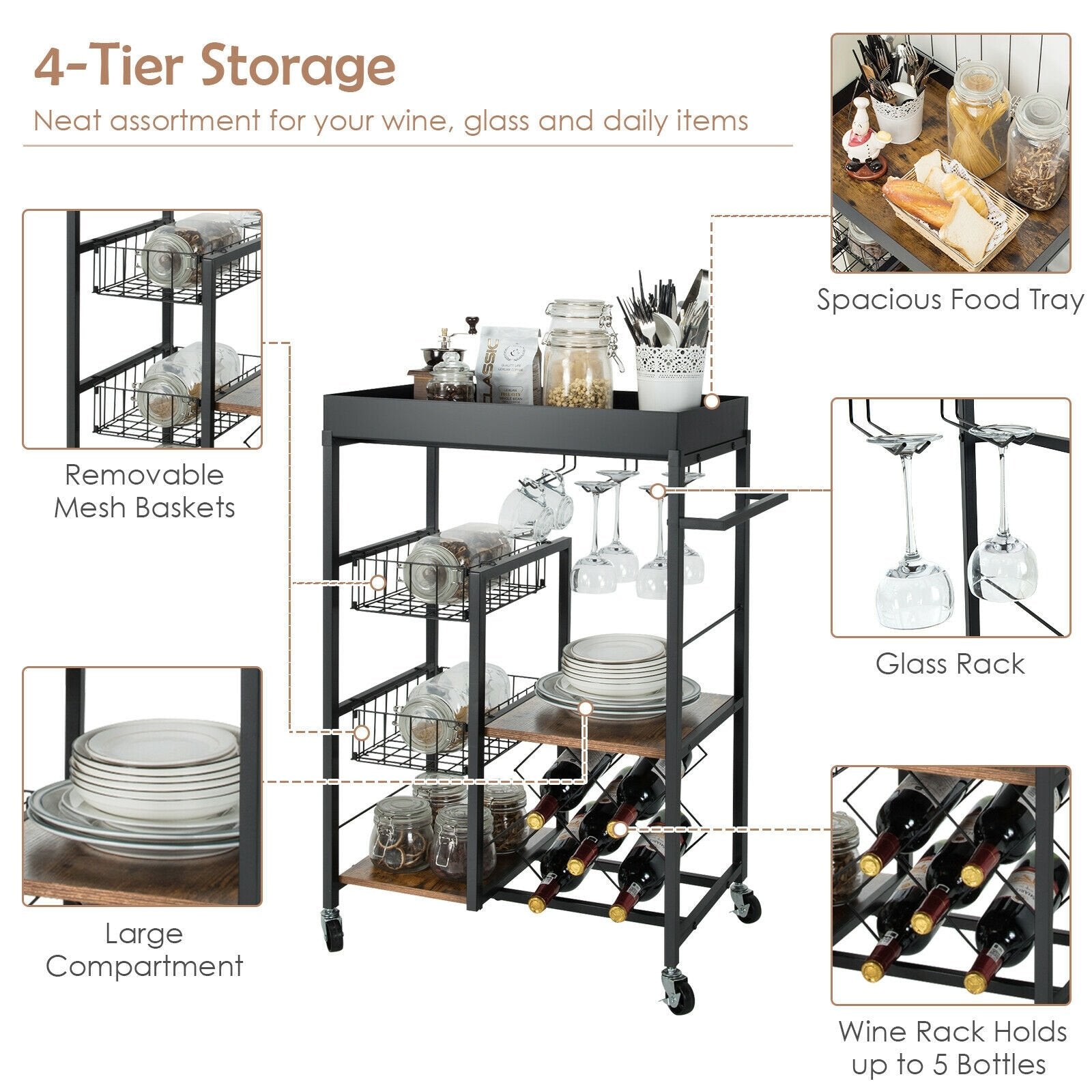 Kitchen Island Cart on Wheels with Removable Top and Wine Rack, Rustic Brown Baker's Racks   at Gallery Canada