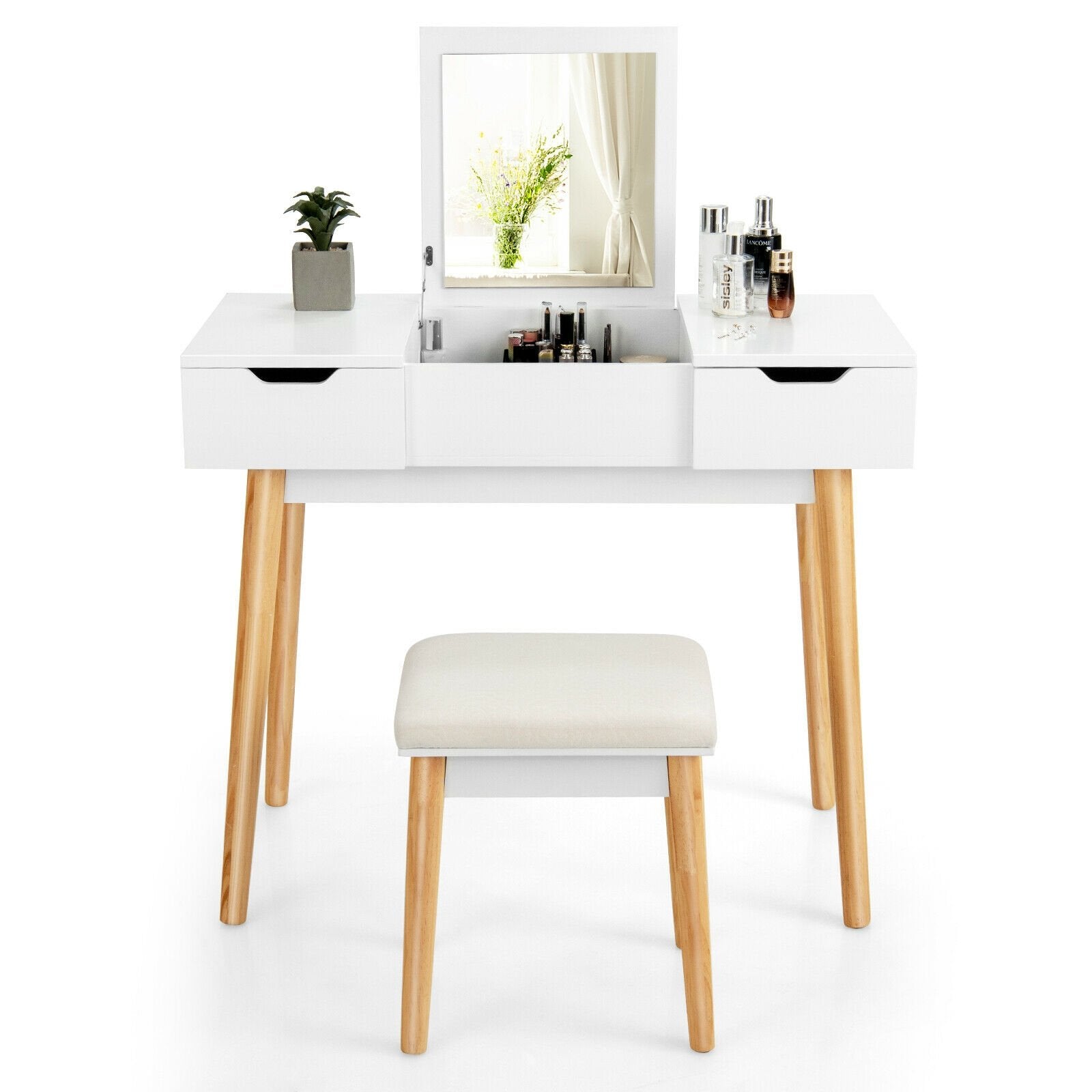 Makeup Vanity Table Set with Flip Top Mirror and 2 Drawers, White - Gallery Canada