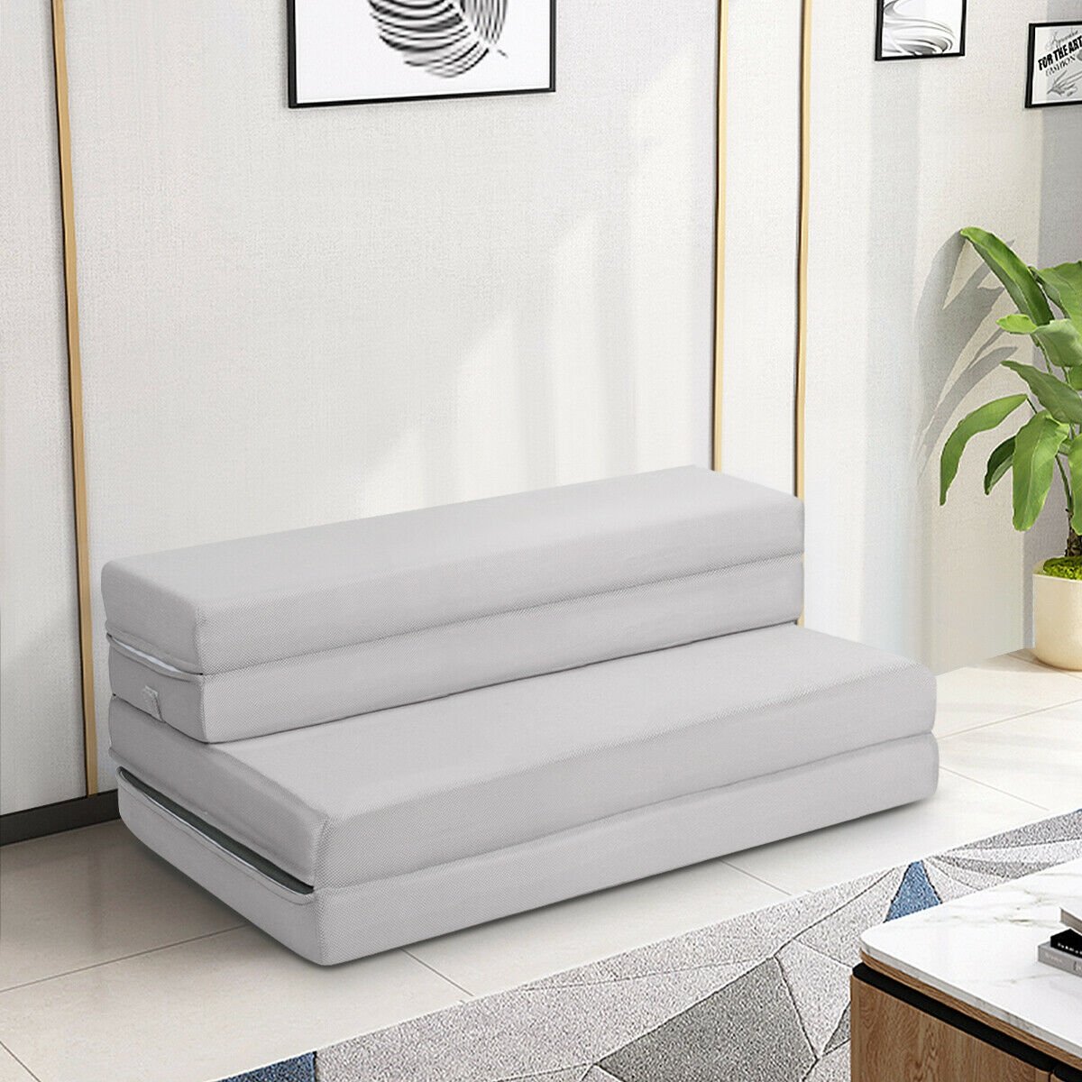 4 Inch Folding Sofa Bed Foam Mattress with Handles-Twin XL, Gray Mattresses at Gallery Canada