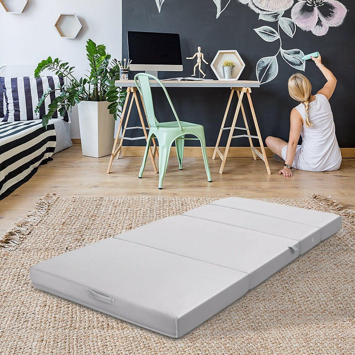 4 Inch Folding Sofa Bed Foam Mattress with Handles-Twin XL, Gray Mattresses at Gallery Canada