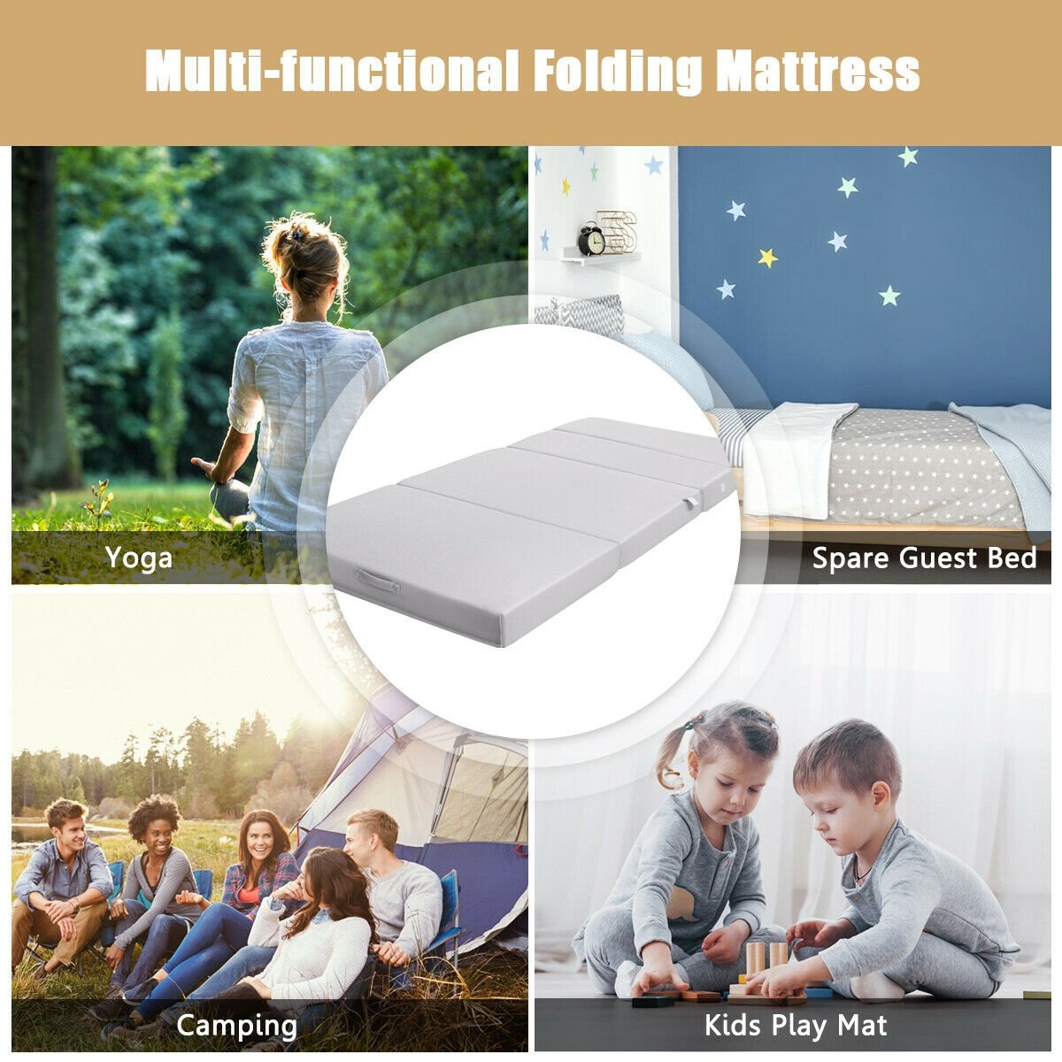 4 Inch Folding Sofa Bed Foam Mattress with Handles-Twin XL, Gray Mattresses at Gallery Canada
