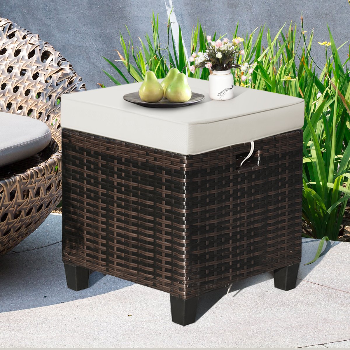 2 Pcs Patio Rattan Ottoman Cushioned Seat Foot Rest, Light Gray Outdoor Seating & Patio Chairs   at Gallery Canada