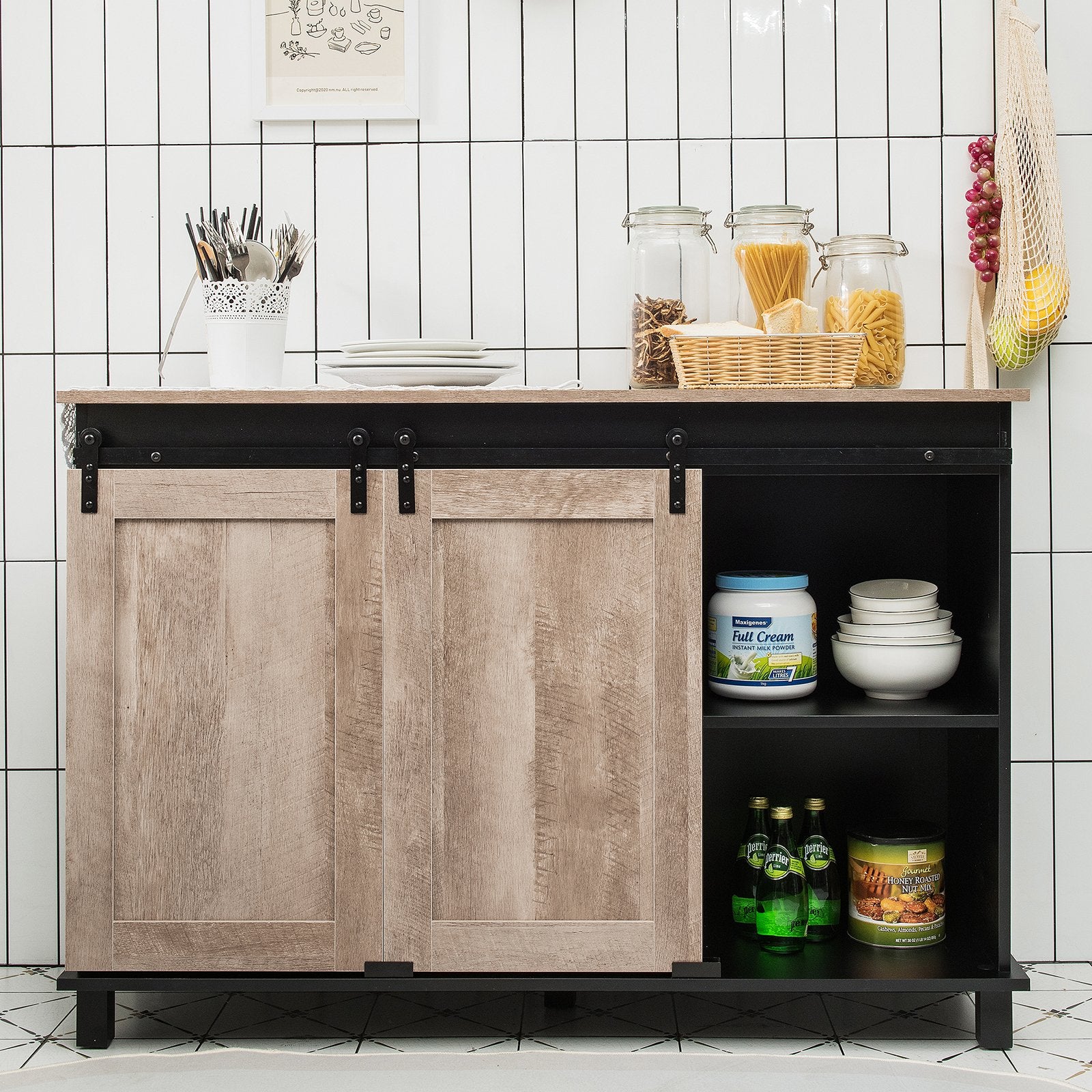 Kitchen Buffet Sideboard with 2 Sliding Barn Doors for Dining Living Room, Natural Sideboards Cabinets & Buffets   at Gallery Canada