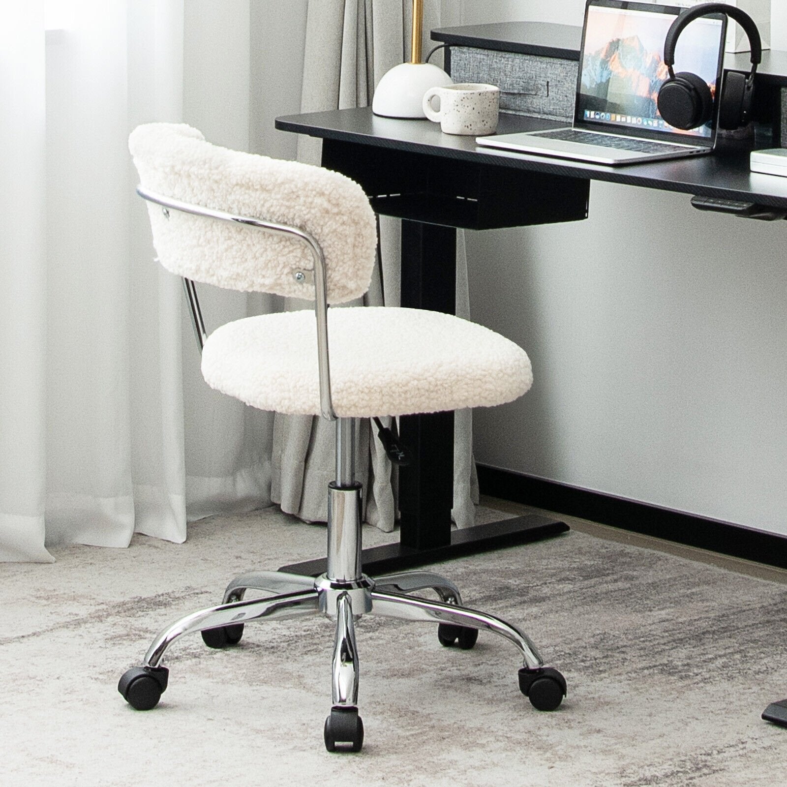 Computer Desk Chair Adjustable Sherpa Office Chair Swivel Vanity Chair, White Armless Chairs   at Gallery Canada