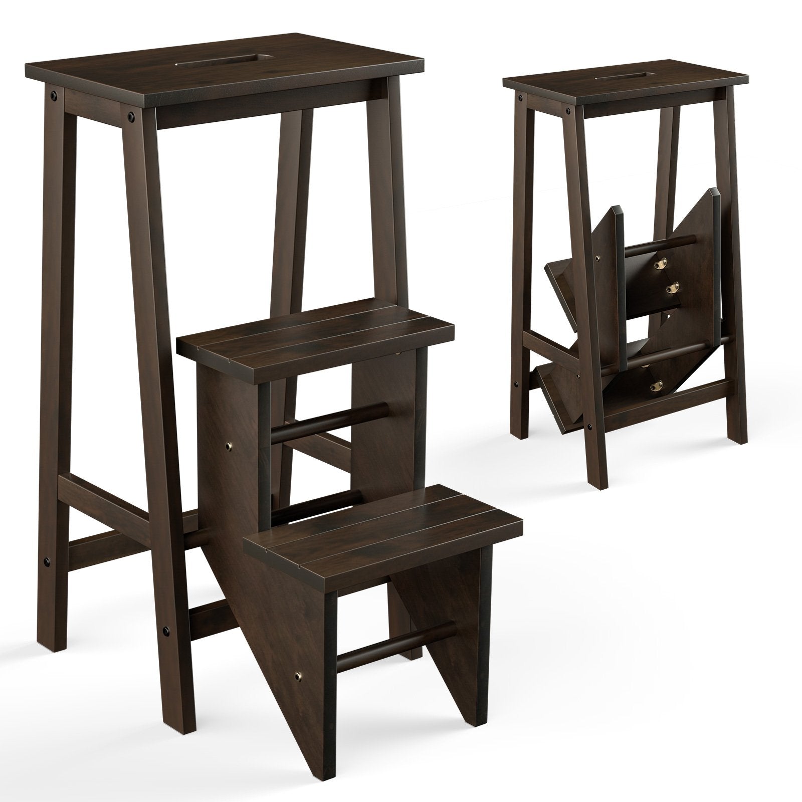 3-in-1 Rubber Wood 3 Tier Folding Step Stool Ladder Storage Shelf, Brown Kitchen Utensils   at Gallery Canada