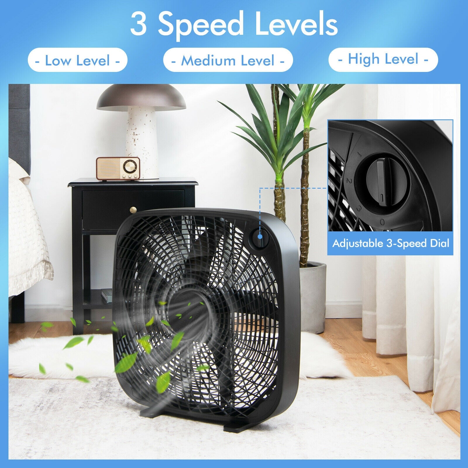20 Inch Box Portable Floor Fan with 3 Speed Settings and Knob Control, Black Fans at Gallery Canada
