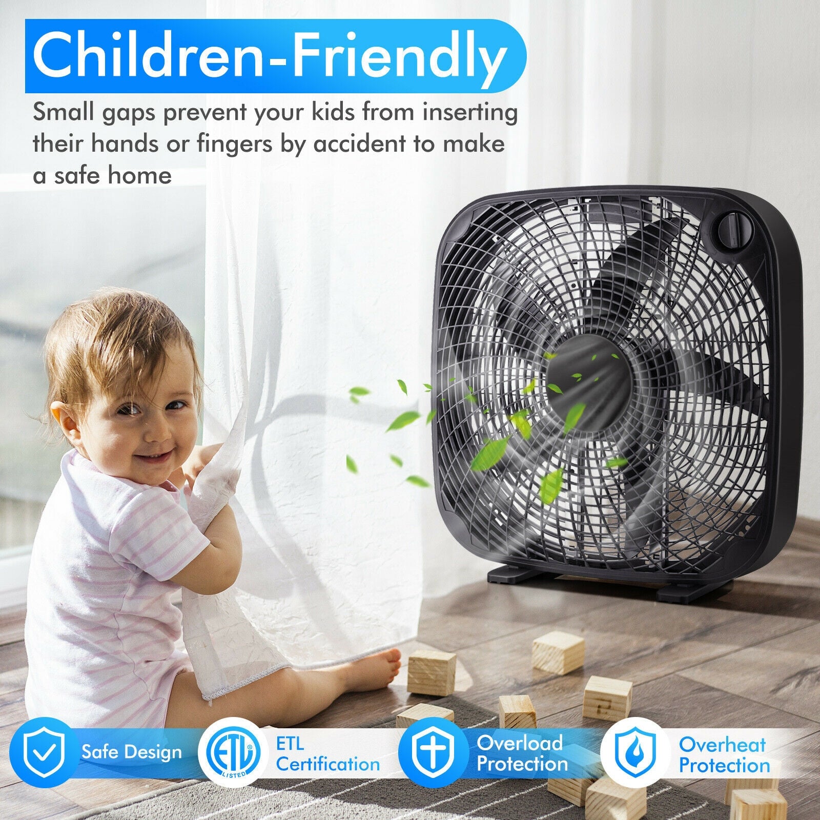 20 Inch Box Portable Floor Fan with 3 Speed Settings and Knob Control, Black Fans at Gallery Canada