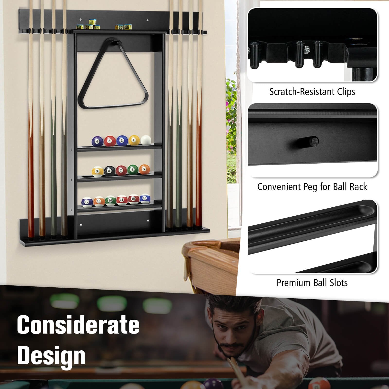 Wall-mounted Billiards Pool Cue Rack Only, Black Game Room   at Gallery Canada