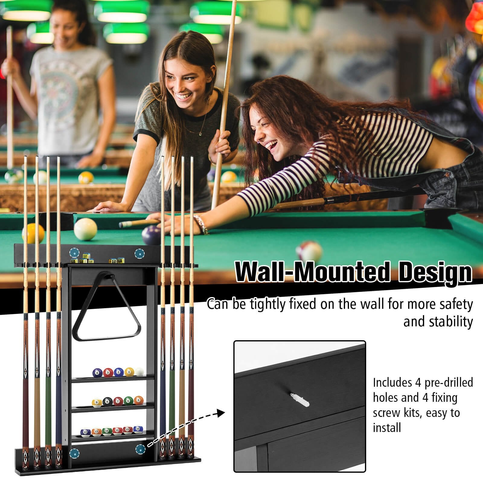 Wall-mounted Billiards Pool Cue Rack Only, Black Game Room   at Gallery Canada