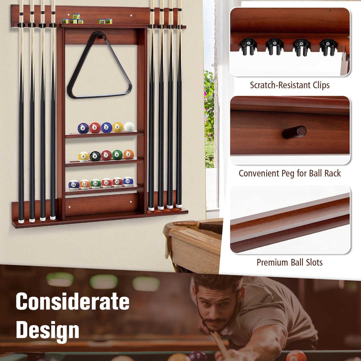 Wall-mounted Billiards Pool Cue Rack Only, Brown Game Room   at Gallery Canada