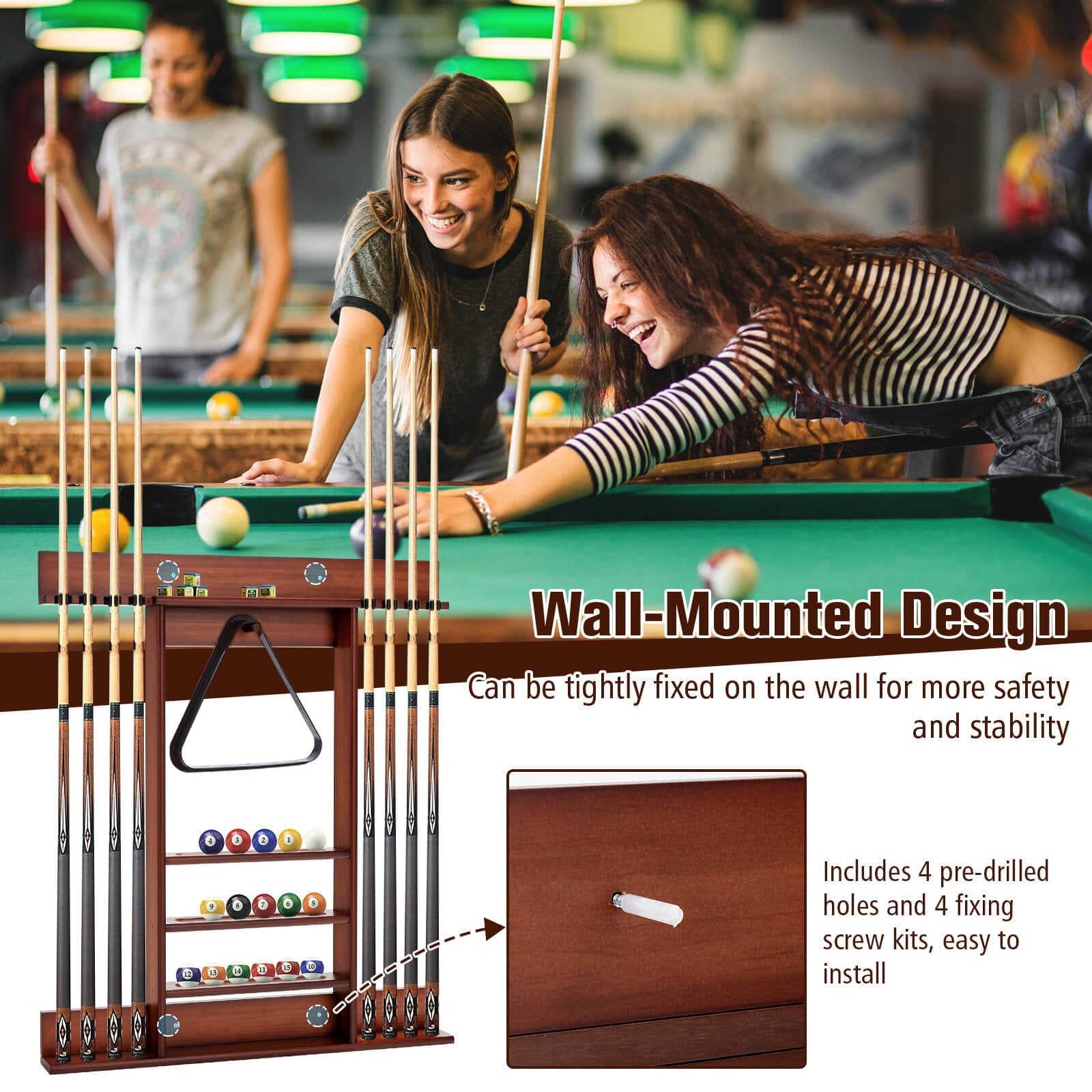 Wall-mounted Billiards Pool Cue Rack Only, Brown Game Room   at Gallery Canada