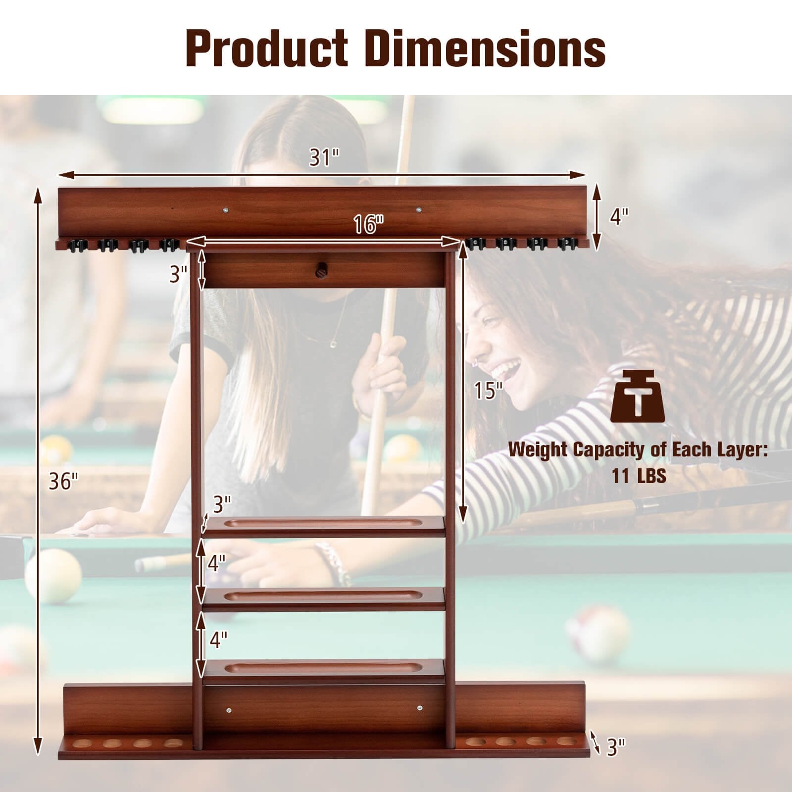 Wall-mounted Billiards Pool Cue Rack Only, Brown Game Room   at Gallery Canada