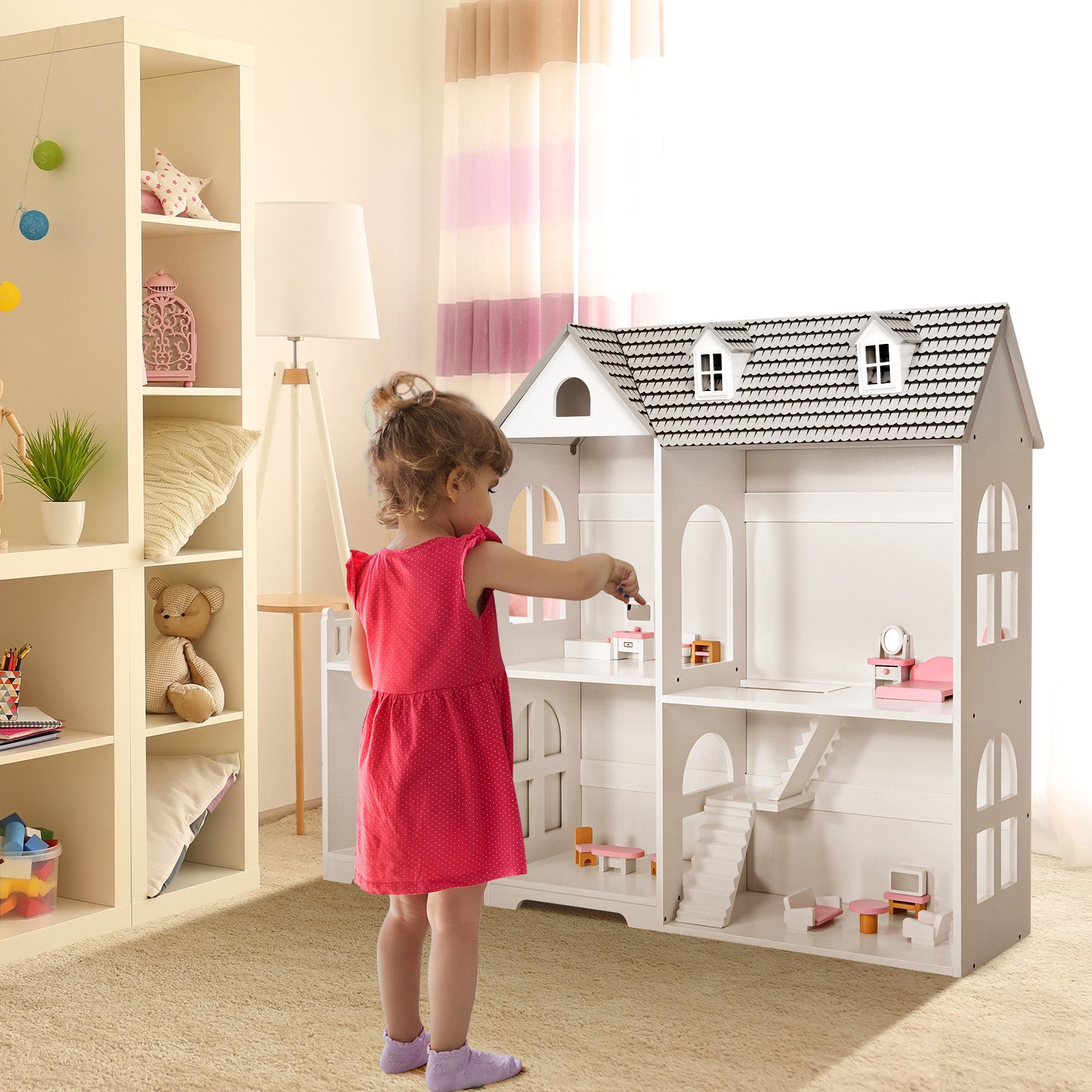 2-Tier Dollhouse Bookcase with Sufficient Storage Space, Gray - Gallery Canada
