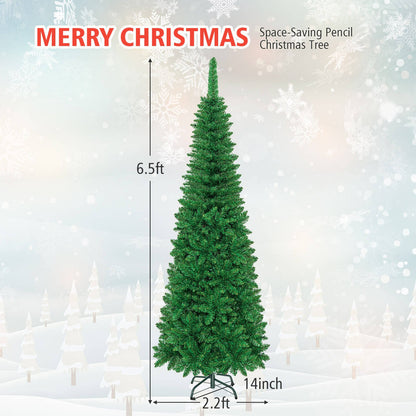 6.5' / 7.5' Pre-Lit Hinged Artificial Pencil Christmas Tree-6.5 ft, Green Christmas Tree   at Gallery Canada