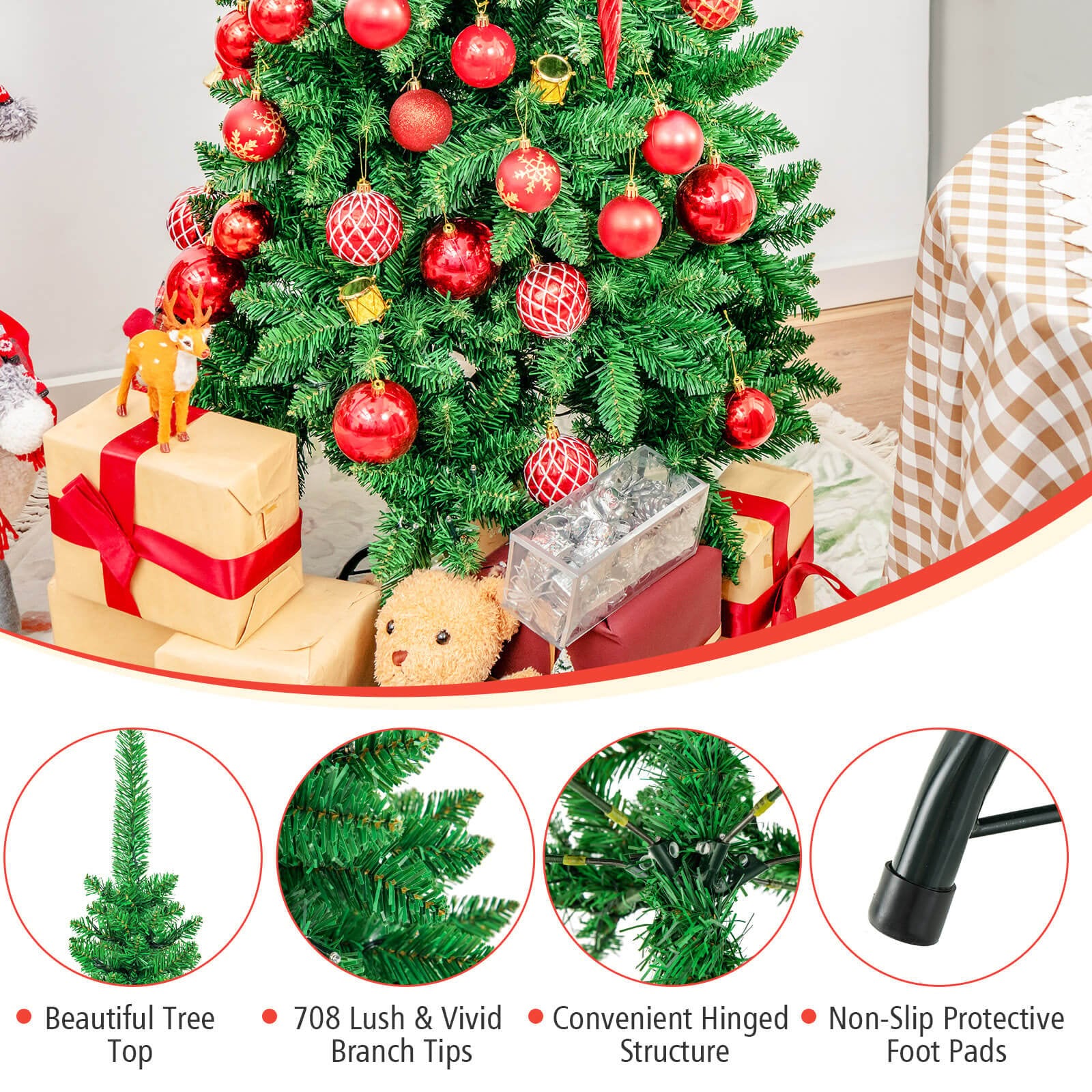 6.5' / 7.5' Pre-Lit Hinged Artificial Pencil Christmas Tree-6.5 ft, Green Christmas Tree   at Gallery Canada