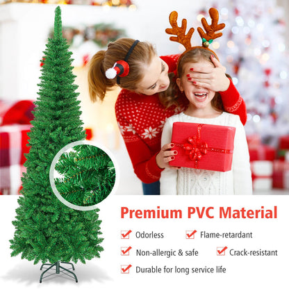 6.5' / 7.5' Pre-Lit Hinged Artificial Pencil Christmas Tree-6.5 ft, Green Christmas Tree   at Gallery Canada