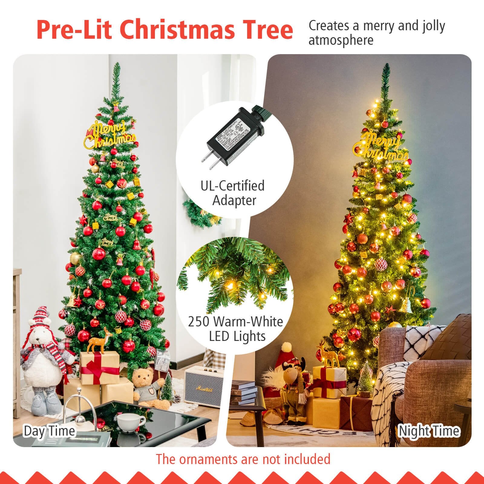 6.5' / 7.5' Pre-Lit Hinged Artificial Pencil Christmas Tree-6.5 ft, Green Christmas Tree   at Gallery Canada