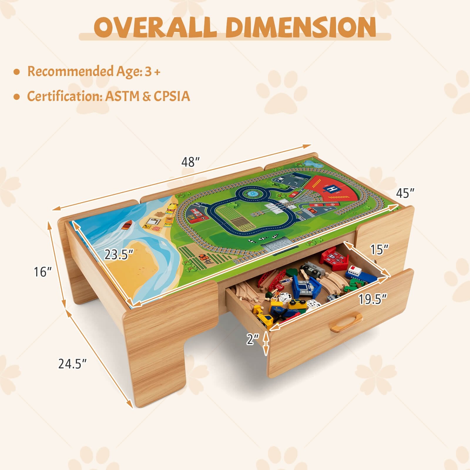 Kids Double-Sided Wooden Train Table Playset with Storage Drawer, Natural Learning Toys   at Gallery Canada