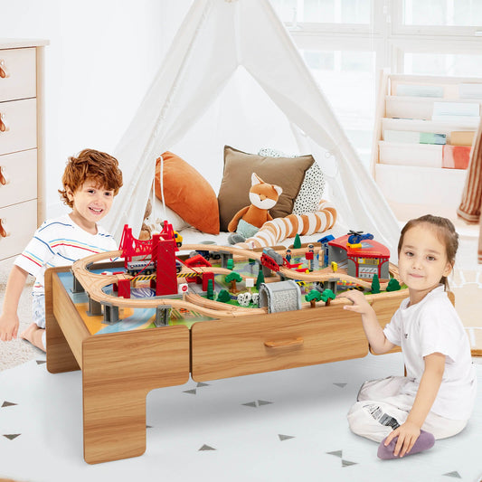 Kids Double-Sided Wooden Train Table Playset with Storage Drawer, Natural - Gallery Canada