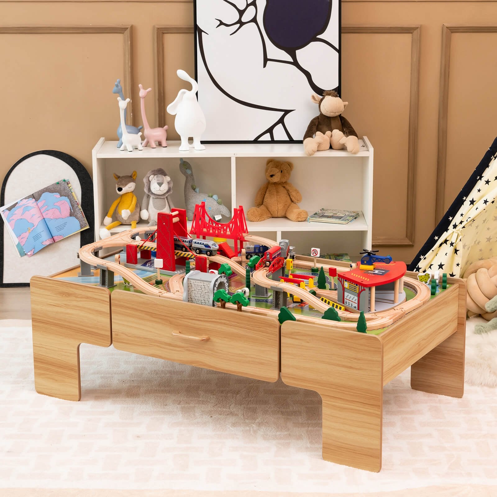 Kids Double-Sided Wooden Train Table Playset with Storage Drawer, Natural Learning Toys   at Gallery Canada