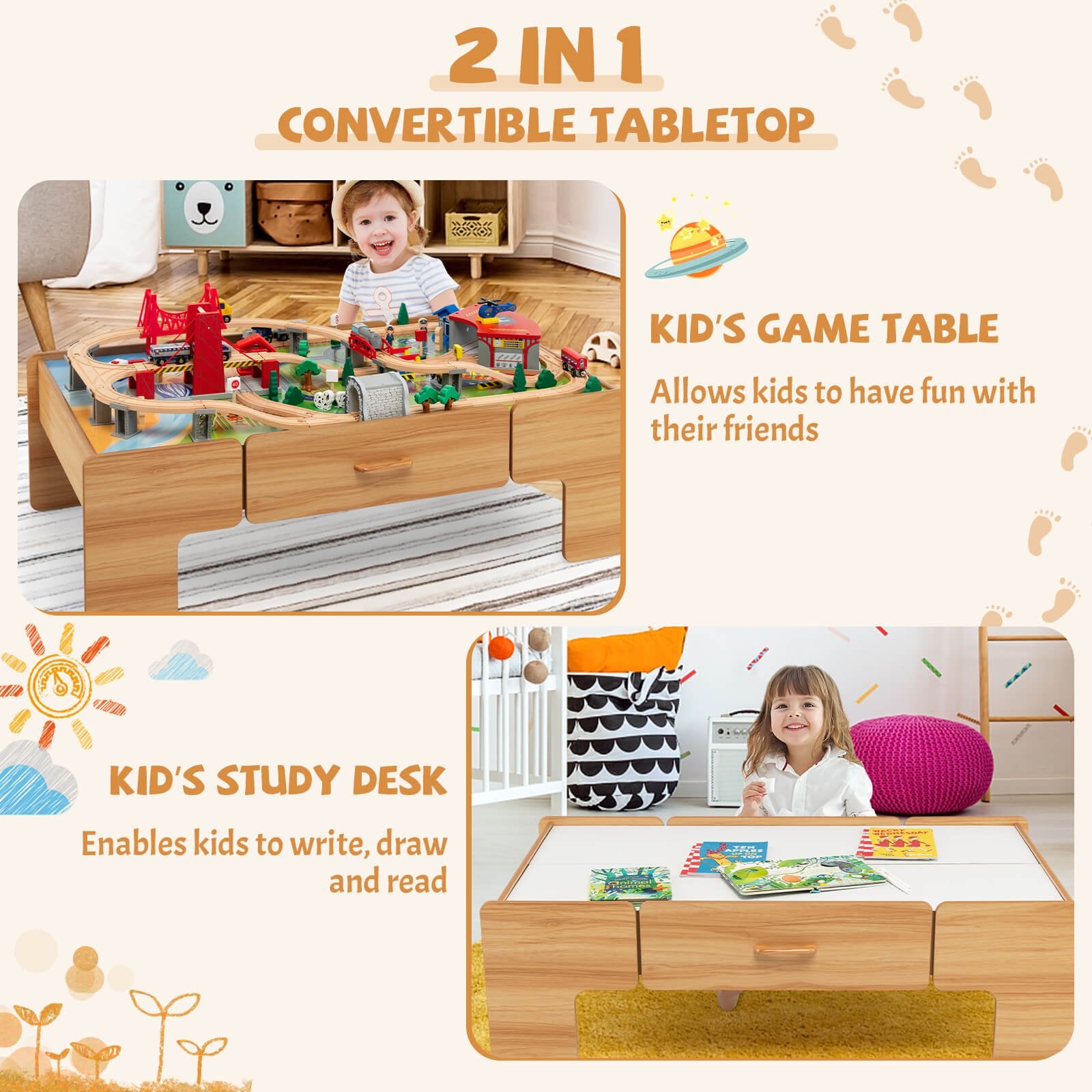 Kids Double-Sided Wooden Train Table Playset with Storage Drawer, Natural Learning Toys   at Gallery Canada