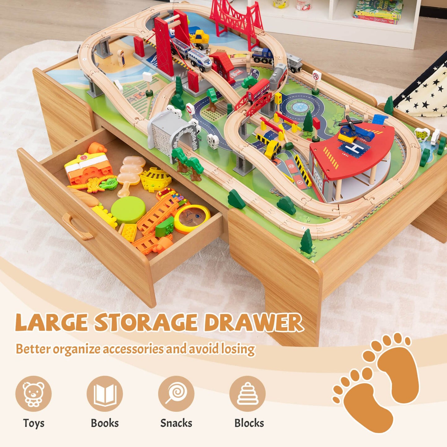 Kids Double-Sided Wooden Train Table Playset with Storage Drawer, Natural Learning Toys   at Gallery Canada