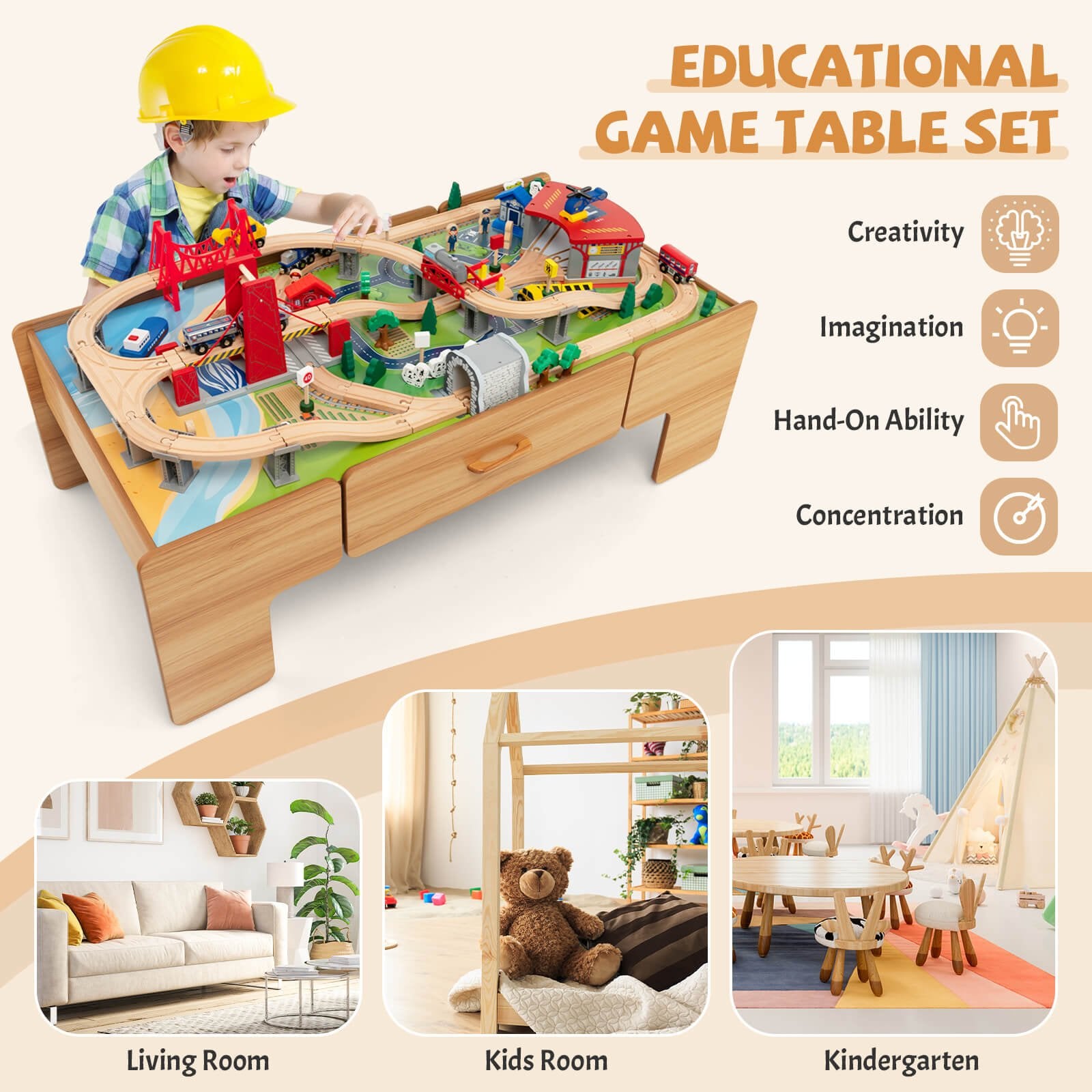 Kids Double-Sided Wooden Train Table Playset with Storage Drawer, Natural Learning Toys   at Gallery Canada