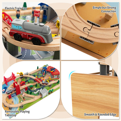 Kids Double-Sided Wooden Train Table Playset with Storage Drawer, Natural Learning Toys   at Gallery Canada