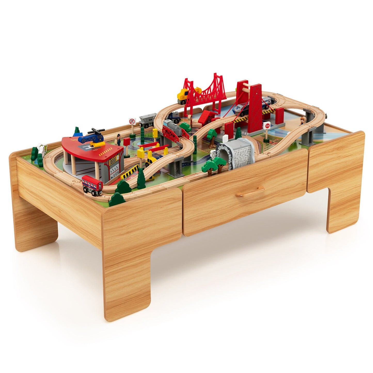 Kids Double-Sided Wooden Train Table Playset with Storage Drawer, Natural Learning Toys   at Gallery Canada