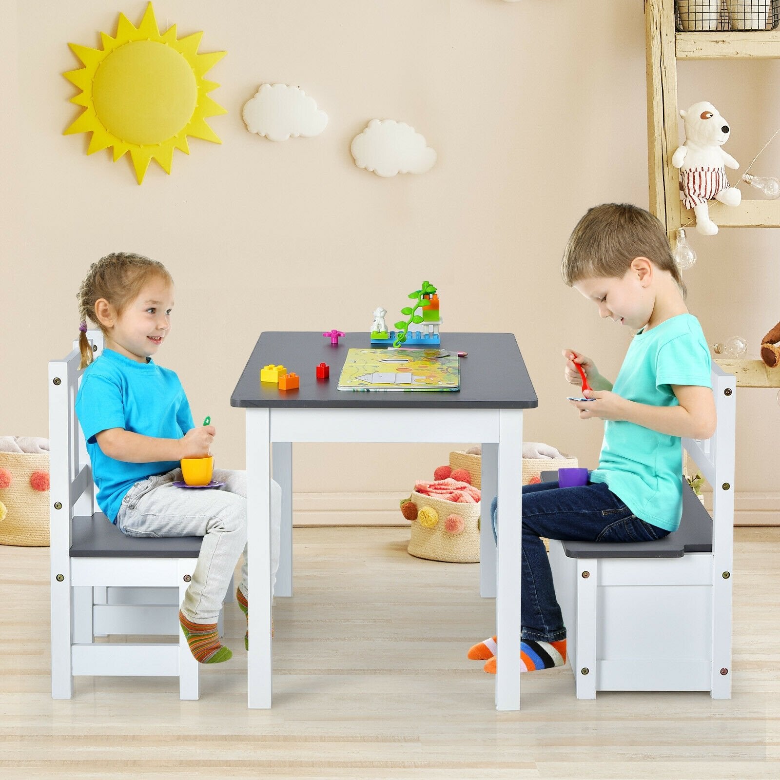 4 Pieces Kids Wooden Activity Table and Chairs Set with Storage Bench and Study Desk, Gray Kids Table & Chair Sets   at Gallery Canada