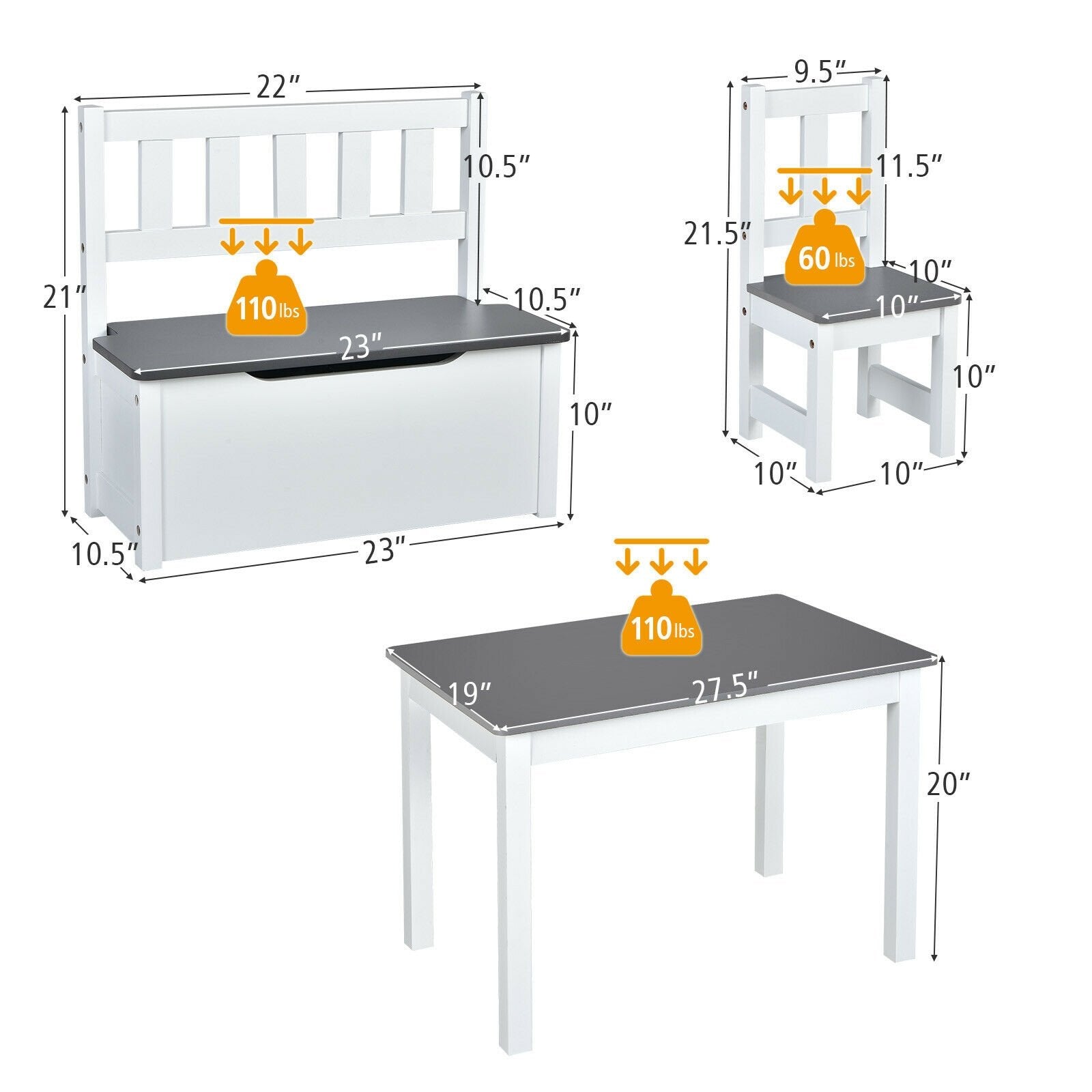 4 Pieces Kids Wooden Activity Table and Chairs Set with Storage Bench and Study Desk, Gray Kids Table & Chair Sets   at Gallery Canada