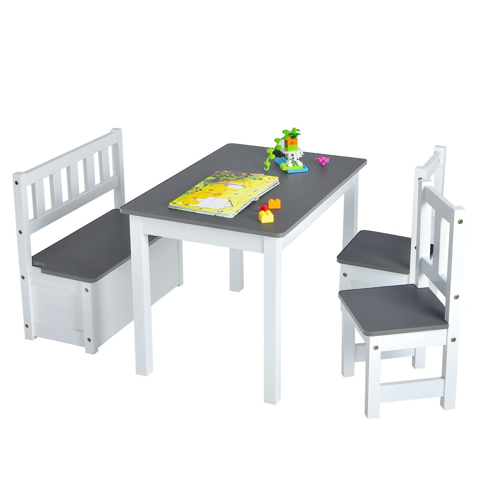 4 Pieces Kids Wooden Activity Table and Chairs Set with Storage Bench and Study Desk, Gray Kids Table & Chair Sets   at Gallery Canada