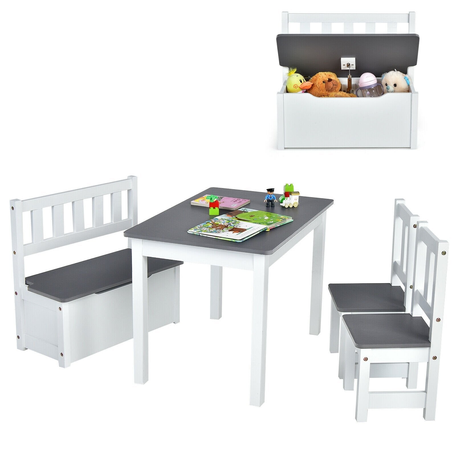 4 Pieces Kids Wooden Activity Table and Chairs Set with Storage Bench and Study Desk, Gray Kids Table & Chair Sets   at Gallery Canada