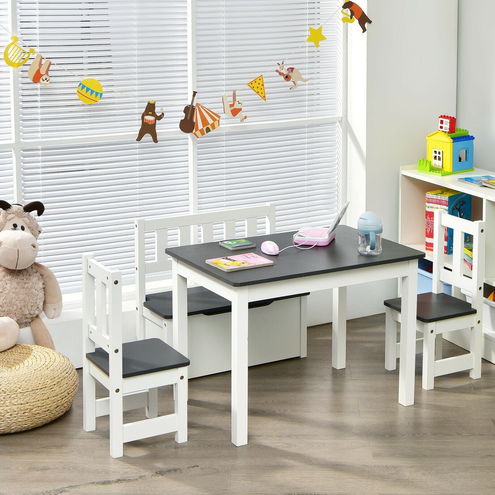 4 Pieces Kids Wooden Activity Table and Chairs Set with Storage Bench and Study Desk, Gray Kids Table & Chair Sets   at Gallery Canada